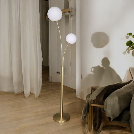 VEIOZE SI LAMPADARE - Lampadar LD 057 – design auriu cu globuri din sticlă alb mat, 155 cm, 2 becuri G9
