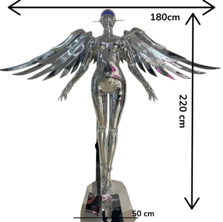 Lampadar monumental K 8801, sculptură înger din rășină cromată, aripi metalice și LED albastru, 220 cm [3]