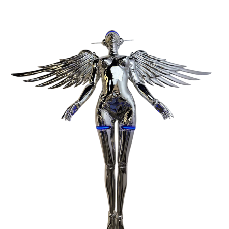 Lampadar monumental K 8801, sculptură înger din rășină cromată, aripi metalice și LED albastru, 220 cm [2]