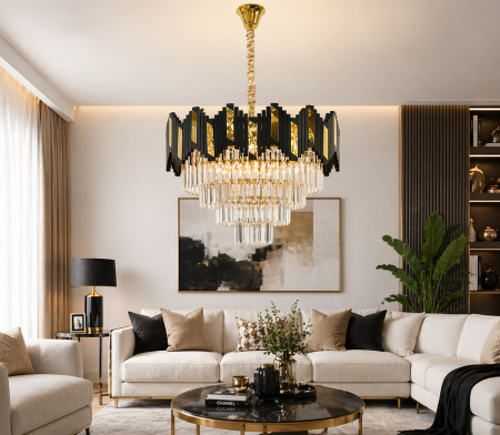 LUSTRE - Lustra 109/300 – Design modern metal negru cu auriu și sticlă imitatie cristal, diametru 30 cm