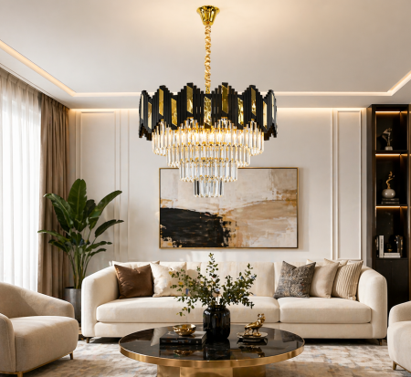 LUSTRE - Lustra 109/500 – Lampă de tavan modernă metal negru-auriu cu sticlă imitatie cristal, diametru 50 cm