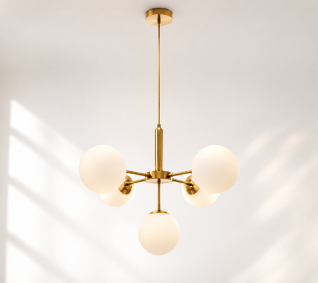 Lustră 1717/5 CP, 5xE27, Globuri Sticlă Albă, Metal Auriu, Design Elegant [1]