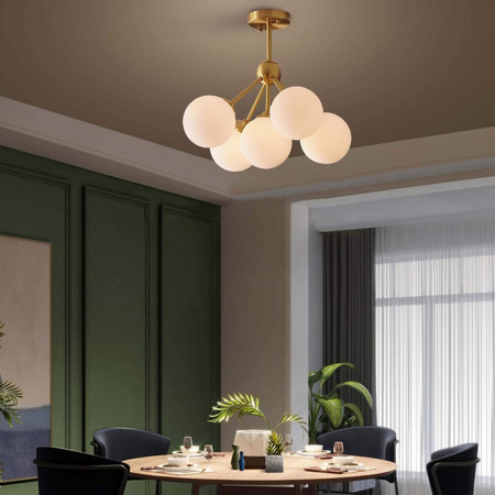 Lustră 1718/5 – 5xE27, Globuri Albe Mate, Metal Auriu sau Crom, H65cm [1]