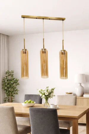 LUSTRE - Lustră 2313/3, 3 pendule E27, abajur sticlă ambre