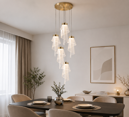 REDUCERI - Lustră 243/5 GD, 5 LED-uri, 50W, Reglabilă până la 200 cm, Metal & Acril, 3 Tipuri de Lumină