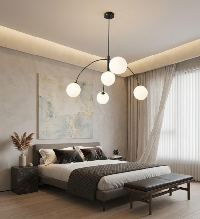 LUSTRE - lustra 2612-5 metal auriu negru globuri sticla alba mata 5xE27 diametru 90cm