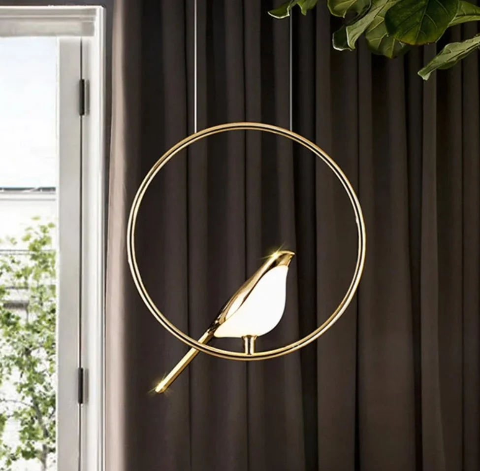 PENDULE - Lustră LED 3002/1D – metal auriu, design pasăre, 3 tipuri de lumină, Ø35 cm