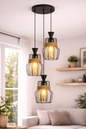 LUSTRE - Lustră 3076/3, 3 abajururi sticlă aurie, cadru metal negru cu sfoară, cablu reglabil, design sofisticat