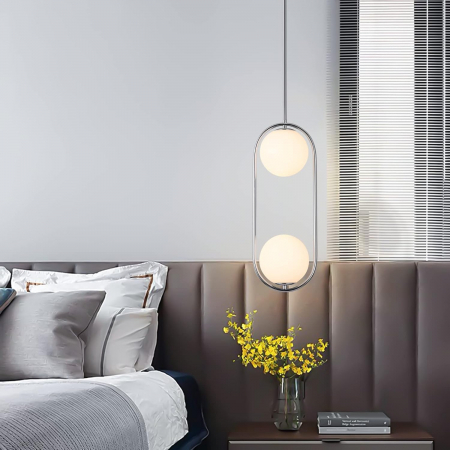 PENDULE - Lustră pendul 1112/2 CH – 2xE27, globuri sticlă albă 15 cm, argintiu, înălțime reglabilă