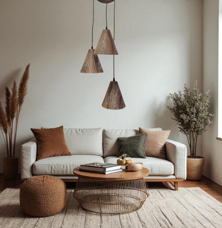 LUSTRE - Lustră 611/3 maro lemn, 3 pendule perforate, cablu reglabil, E27