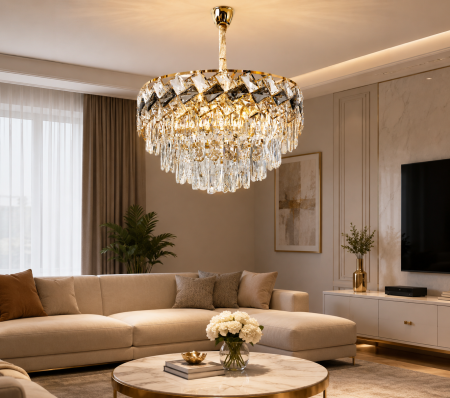 LUSTRE - Lustră 6664/500 GD, 9xE14, metal și sticlă imitație cristal, auriu-alb-fumuriu