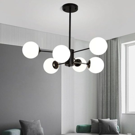 LUSTRE - Lustră 9208/3+3 BK, metal negru cu globuri albe mate, 6 surse E27, diametru 90 cm