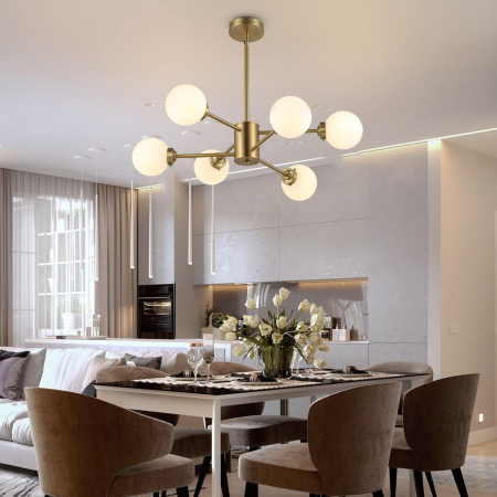 LUSTRE - Lustră 9208/3+3 CP, metal auriu cu globuri albe mate, 6 surse de lumină, elegantă, diametru 90 cm