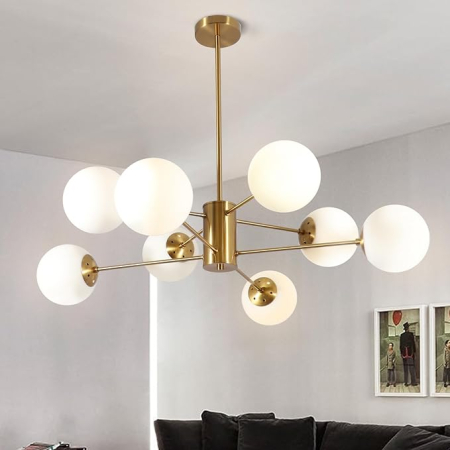 LUSTRE - Lustră 9208/4+4 CP, metal auriu cu globuri albe mate, 8 surse E27, diametru 90 cm