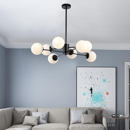 LUSTRE - Lustră 9208/4+4, metal negru și sticlă albă mată, 8xE27, design modern