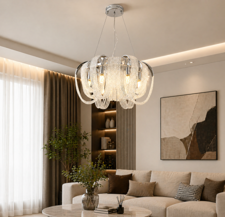 LUSTRE - Lustră 9228/6 CH, 6xE14, Argintie, Cristal & Metal, 70x35x100 cm, Înălțime Reglabilă