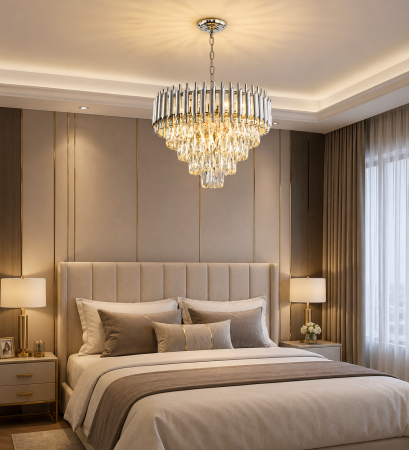 LUSTRE - Lustră 98142/400 CH, 6xE14, Argintie, Metal și Sticlă tip Cristal, Înălțime Reglabilă