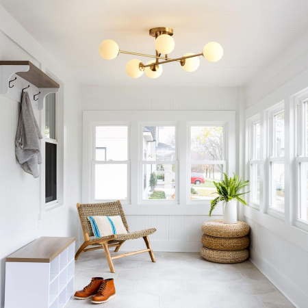 LUSTRE - Lustră aurie 5045/6 GD, 6 brațe, abajururi sticlă albă, montaj tavan