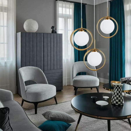 LUSTRE - Lustră design contemporan 1122/3 GD+WH cu inele aurii și globuri din sticlă alb mat, 3 x E27