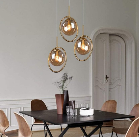LUSTRE - Lustră design modern 1122/3 GD+AM cu inele aurii și globuri din sticlă ambra, 3 x E27