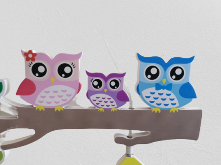 LUSTRE - Lustră Copii H 370/2, Design Bufnițe Colorate, 2 Becuri E27, Lemn și Sticlă, Multicolor