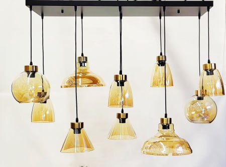 Lustră HJ2371/10H – 10 pendule sticlă aurie, metal negru/auriu, modernă, 100×30 cm [2]