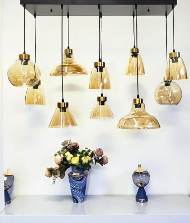 LUSTRE - Lustră HJ2371/10H – 10 pendule sticlă aurie, metal negru/auriu, modernă, 100×30 cm