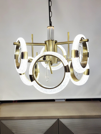 Lustră LED 210501/3+3 – 6 Cercuri Acrilice, 60W, 3 Tipuri de Lumină, Finisaj Auriu, Ø40cm [1]