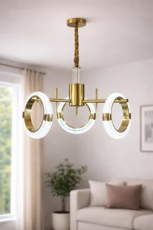 REDUCERI - Lustră LED 210501/3 – 3 Cercuri Acrilice, 30W, 3 Tipuri de Lumină, Finisaj Auriu, Ø40cm