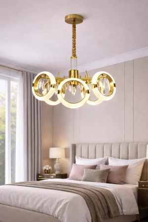 REDUCERI - Lustră LED 210501/5 – 5 Cercuri Acrilice cu Cristale, 50W, Ø50 cm, 3 Tipuri de Lumină, Auriu