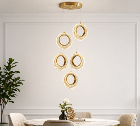 REDUCERI - Lustră LED 229/5, 70W, 3 Tipuri de Lumină, Acril și Metal Auriu, Montaj Tavan