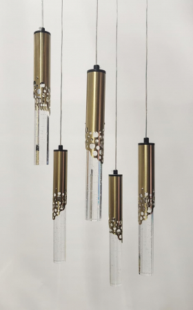 Lustră LED 5003/5 – 5 pendule aurii, reglabilă, cu 3 tipuri de lumină pentru living și dining [1]