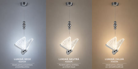 Lustră LED 985/1 CH, 12W, Argintie, Formă de Fluture, 3 Tipuri de Lumină, Înălțime Reglabilă [3]