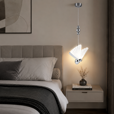 LUSTRE - Lustră LED 985/1 CH, 12W, Argintie, Formă de Fluture, 3 Tipuri de Lumină, Înălțime Reglabilă