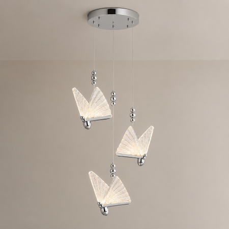 Lustră LED 985/3 CH, 36W, Argintie, Formă de Fluture, 3 Tipuri de Lumină, Înălțime Reglabilă [1]