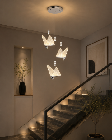 LUSTRE - Lustră LED 985/3 CH, 36W, Argintie, Formă de Fluture, 3 Tipuri de Lumină, Înălțime Reglabilă