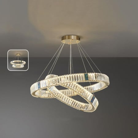LUSTRE - Lustră LED BO 1009/50+70, două inele metal și sticlă tip cristal, Ø70+50 cm, lumină reglabilă