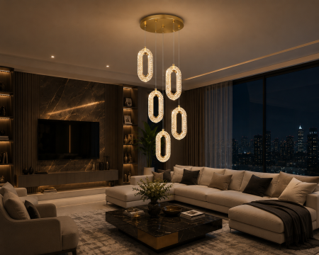 REDUCERI - Lustră Modernă 1637/5 LED, 35+9W, Metal Auriu și Acril, Lumină Caldă/Rece/Neutră