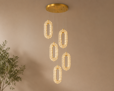 Lustră Modernă 1637/5 LED, 35+9W, Metal Auriu și Acril, Lumină Caldă/Rece/Neutră [1]