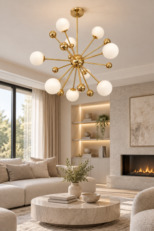 LUSTRE - Lustră sferică HJ 8810/9 cu 9 globuri albe, finisaj auriu sau crom