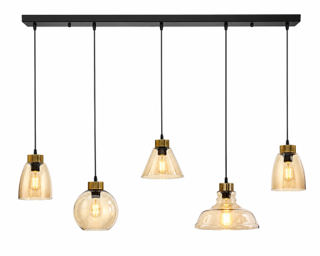 Lustră suspendată 2371/5 din metal negru cu abajururi din sticlă aurie [1]
