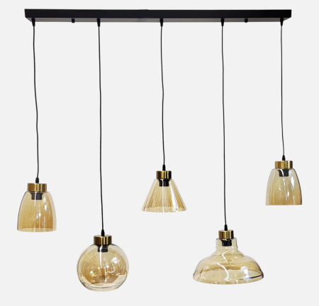 Lustră suspendată 2371/5 din metal negru cu abajururi din sticlă aurie, 5 surse E27, lungime suport 100 cm [1]