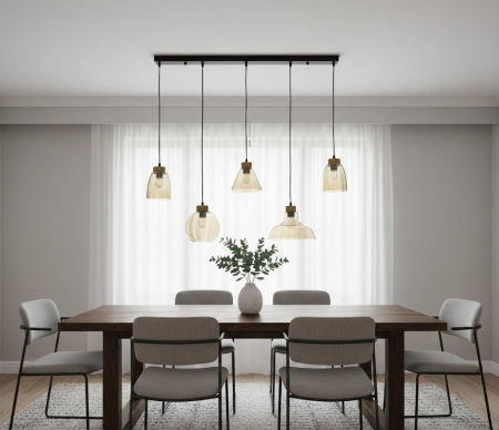 LUSTRE - Lustră suspendată 2371/5 din metal negru cu abajururi din sticlă aurie, 5 surse E27, lungime suport 100 cm