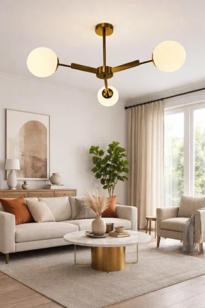 Lustră suspendată 2555/3 – 3 becuri E27, globuri sticlă albă mată, metal crom/auriu, Ø80cm [0]