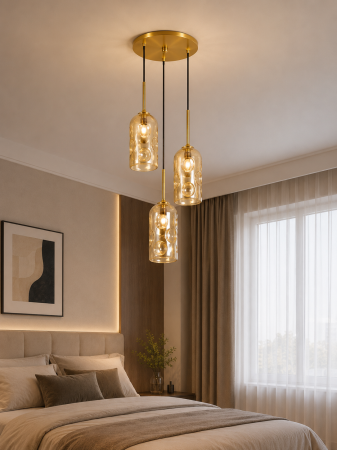 LUSTRE - Lustră Suspendată 9105/3 Crom și Auriu cu 3 Pendule și Sticlă Decorativă Reliefată