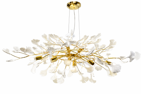 Lustră suspendată elegantă 9080 cu frunze decorative din acril alb și structură aurie, 80–120 cm [1]