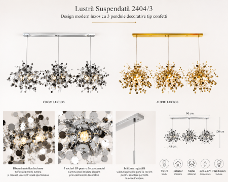 Lustră Suspendată Modernă 2404/3 Crom și Auriu cu 3 Pendule Decorative Ø45 cm [4]