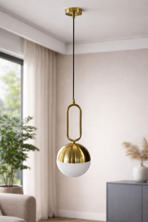 PENDULE - Pendul 1118/1CP din alamă aurie cu glob alb mat și inel oval – eleganță modernă pentru interior