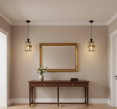 PENDULE - Pendul 3049/1 rustic elegant, sticlă aurie și cadru metalic negru cu sfoară decorativă, cablu reglabil