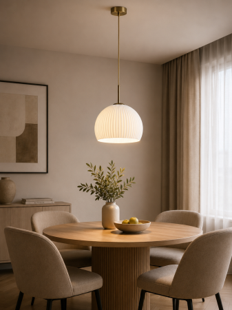PENDULE - Pendul 8098/1 cu abajur din sticlă albă striată Ø30 cm și detalii aurii